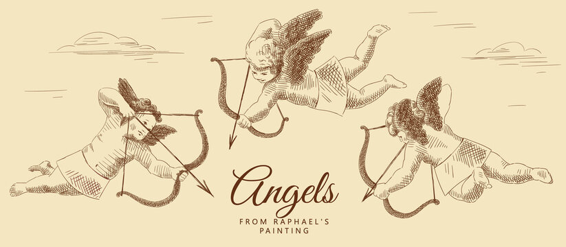 Three little angels with wings are flying, holding a bow and arrows in their hands. From a painting by Raphael Santi. Italian Renaissance. Vintage brown and beige card, hand-drawn, vector. Old design.