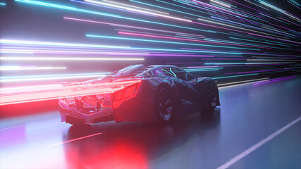 Fototapeta Futuristic concept. Sports car on the background of glowing neon lines. Red neon laser. 3d Illustration obraz