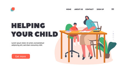 Mom Prepare Little Boy for School Landing Page Template. Happy Characters Learning Lesson Together. Mother Support Son