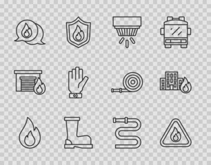 Set line Fire flame, in triangle, Smoke alarm system, boots, Telephone call 911, Firefighter gloves, hose reel and burning buildings icon. Vector