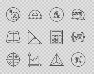 Set line XYZ Coordinate system, Graph, schedule, chart, diagram, Subsets, math, is subset of, Angle bisector triangle, Geometric figure Tetrahedron and Square root x glyph icon. Vector