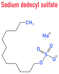 Sodium dodecyl sulfate or SDS, sodium lauryl sulfate, surfactant molecule. Commonly used in cleaning products. Skeletal formula.