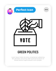 Vote for green politics: hand puts leaf in ballot-box. Thin line icon. Modern vector illustration.