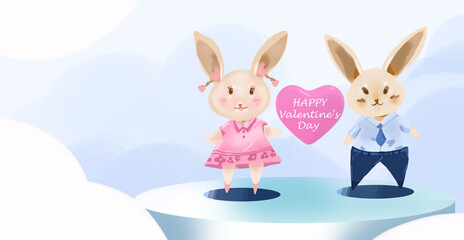 Rabbit couple on Valentine's Day,Valentine's day banner, background, flyer, placard with cute rabbit.,2d illustration