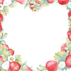 A heart-shaped frame made of watercolor images of strawberries with flowers and leaves. Made by hand.