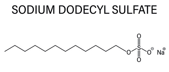 Sodium dodecyl sulfate or SDS, sodium lauryl sulfate, surfactant molecule. Commonly used in cleaning products. Skeletal formula.