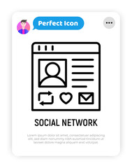 Social network thin line icon. Modern vector illustration of personal web page with repost sign, heart, message.