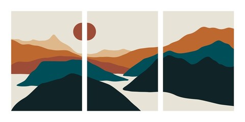 Abstract landscape collage. Minimalist posters mountains lake sea moon sun, contemporary wall art. Vector design for print