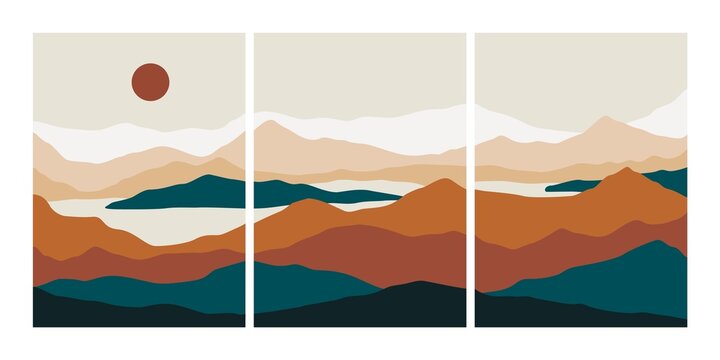 Abstract landscape collage. Minimalist posters mountains lake sea moon sun, contemporary vector wall art design for print