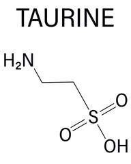 Taurine or 2-aminoethanesulfonic acid molecule. Common ingredient of energy drinks and nutritional supplements. Skeletal formula.