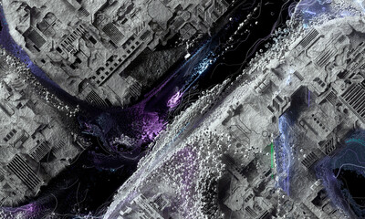 3d render of abstract art 3d background with part futuristic concrete building construction with cyber pattern on surface in grey color with liquid splashes around based on small balls particles 