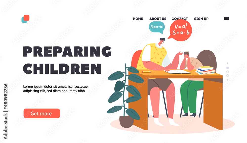 Poster parent and son preparing classes landing page template. characters sitting at desk with textbooks st