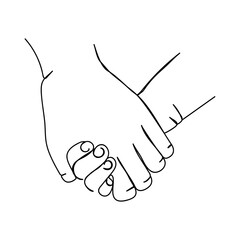 Continuous line, male and female hands are holding hands.Valentine day concept