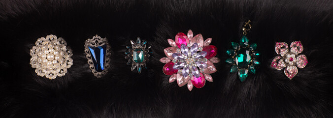 jewelry brooches on a black fur background