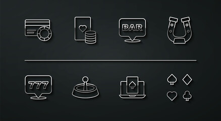 Set line Credit card, Slot machine with jackpot, Horseshoe, Online poker table game, Casino roulette wheel, chip and playing cards, Deck of and Alcohol bar location icon. Vector