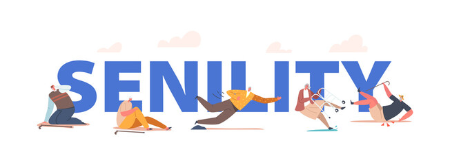 Senility Concept. Senior Male and Female Character Falling Down on the Ground due to Slippery Road, Clumsiness Poster