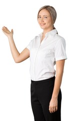 Cheerful business woman Holding hand palm up