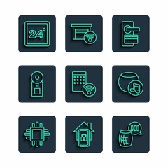 Set line Processor with CPU, Mobile smart home, Voice assistant, Digital door lock, Air humidifier, Smart coffee machine, Thermostat and icon. Vector