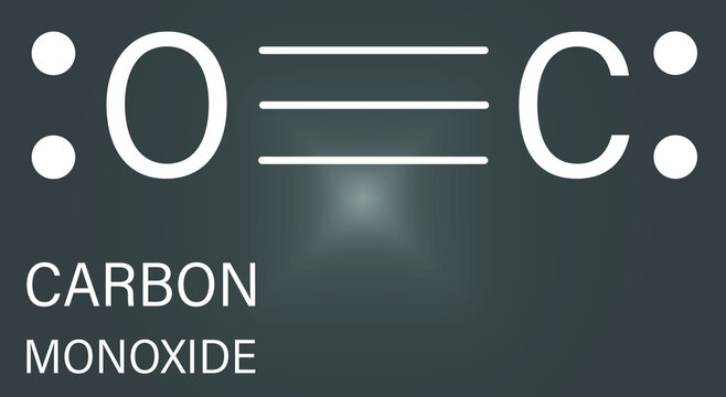 Carbon monoxide or CO toxic gas molecule. Carbon monoxide poisoning frequently occurs due to malfunctioning fuel-burning home appliances. Skeletal formula.