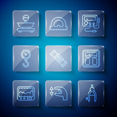 Set line Measuring instrument, Approximate measurements, Drawing compass, Multimeter, voltmeter, Construction bubble level, Hand scale spring mechanical, Scales and Bathroom scales icon. Vector