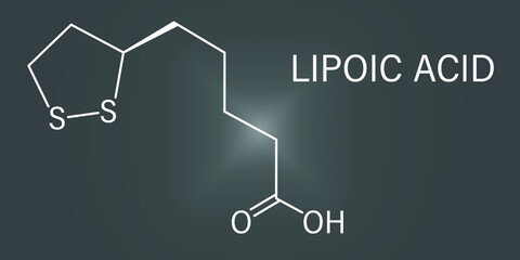 Lipoic acid enzyme cofactor molecule. Present in many nutritional supplements. Believed to have anti-oxidant, anti-aging and weight-loss effects. Skeletal formula.