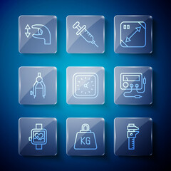 Set line Smart watch, Weight, Calliper or caliper and scale, Diagonal measuring, Clock, Drawing compass, Approximate measurements and Multimeter, voltmeter icon. Vector