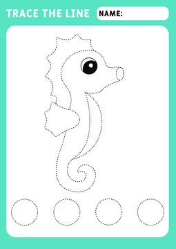Sea Horse. Trace line worksheet for kids. Basic writing. Working pages for children. Preschool or kindergarten worksheet. Trace the pattern. Illustration and vector outline - A4 paper ready to print.