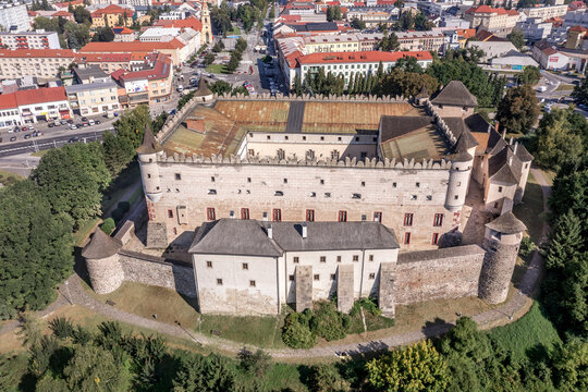 Aerial view of Zvolen castle in Slovakia with Renaissance palace, outer ring of wall, turrets, corner tower, massive gate tower, Gothic Chapel