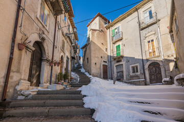 The beautiful village of Rivisondoli covered in snow during winter time. Abruzzo, central Italy.