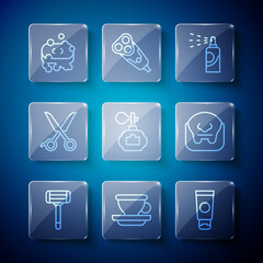 Set line Shaving razor, Coffee cup, Cream cosmetic tube, Spray can for hairspray, Aftershave, Scissors hairdresser, Bar soap with foam and Mustache and beard icon. Vector