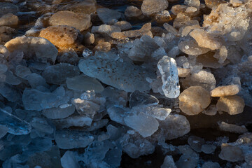 Pieces of ice washed up by the sea on a cold winter day