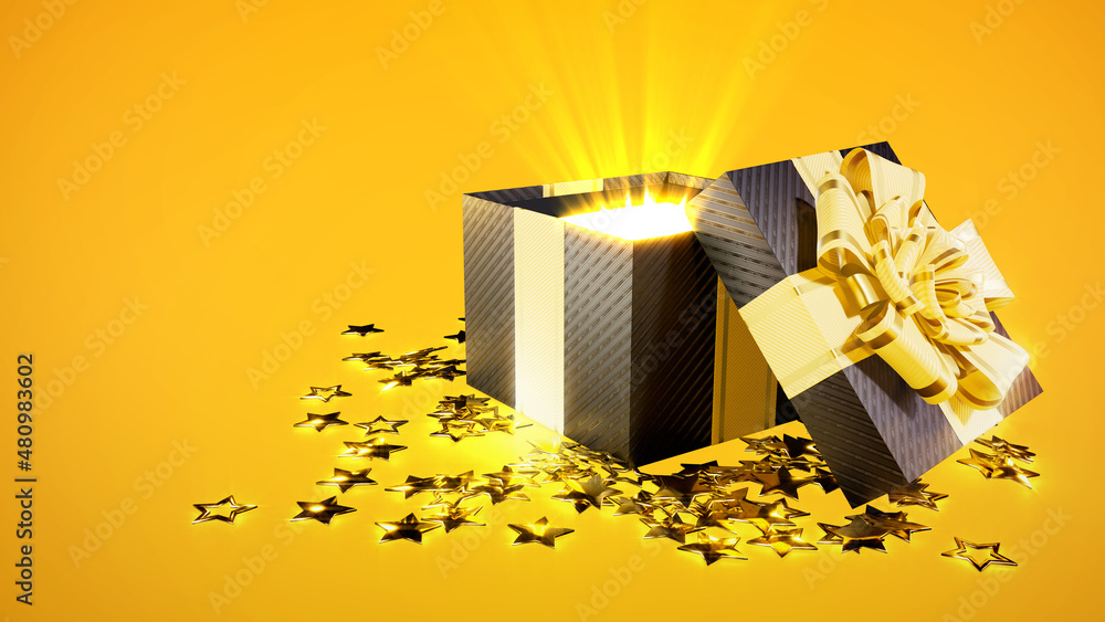 Poster surprise gift box for black friday with stars on floor, isolated - object 3d rendering