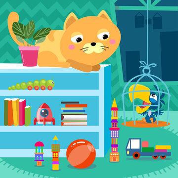 Kitten and parrot in room. Cartoon style characters with background. Vector full color illustration.