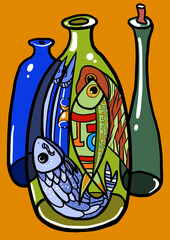 Fototapeta na wymiar Fantastic Fish in bottles 