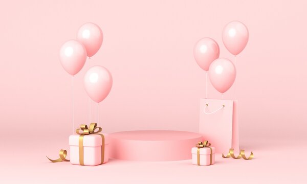 Pink podium with round stage, gift boxes, and balloons. 3d rendering