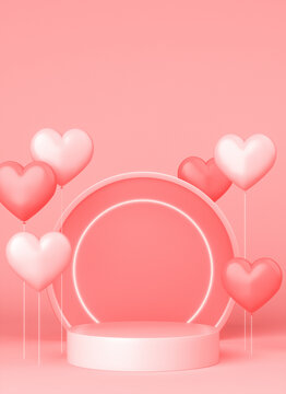 Product Display Podium And Heart Shape Balloons. 3d Rendering