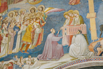 View of the landmark Scrovegni Chapel (Cappella degli Scrovegni, Arena Chapel), part of the Museo Civico of Padua, with a fresco cycle by Giotto completed about 1305
