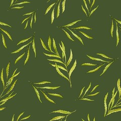 Obraz premium Seamless pattern. Narrow green decorative tree branches with willow leaves on a dark green background. Watercolor
