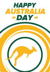 Australia Day. National happy holiday, celebrated annual in January 26. Australian patriotic elements. Kangaroo silhouette. Poster, card, banner and background. Vector illustration