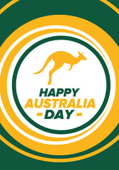 Australia Day. National happy holiday, celebrated annual in January 26. Australian patriotic elements. Kangaroo silhouette. Poster, card, banner and background. Vector illustration