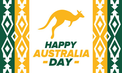 Australia Day. National happy holiday, celebrated annual in January 26. Australian patriotic elements. Kangaroo silhouette. Poster, card, banner and background. Vector illustration
