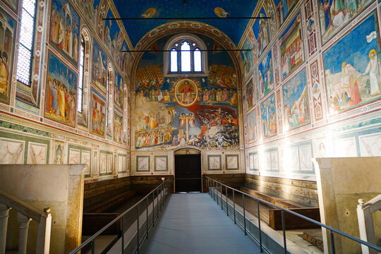 View of the landmark Scrovegni Chapel (Cappella degli Scrovegni, Arena Chapel), part of the Museo Civico of Padua, with a fresco cycle by Giotto completed about 1305 Padua, Italy - January 2022