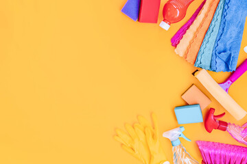cleaning supplies tools on plain background - obrazy, fototapety, plakaty