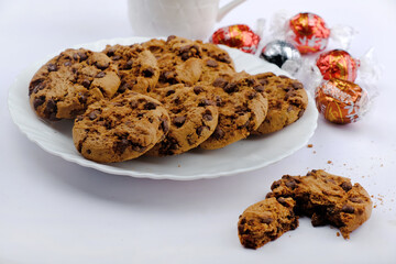 Chocolate cookies, Healthy Food Snack Concept. Baked Sweet Biscuits at the tea time, Copy space