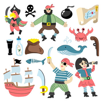 A collection of children's images in a pirate simple style