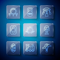 Set line Hotdog sandwich, Toy train, air balloon, Attraction carousel, Juggling, Circus ticket, Roller coaster and icon. Vector