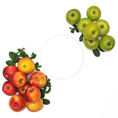 Frame from fresh red and green apples and leaves of mint on a white background with free  space for writing.Flat lay ,top view
