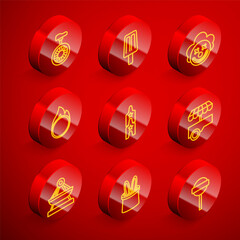 Set line Unicycle or one wheel bicycle, Ice cream, Clown head, Circus fire hoop, ticket, Fast street food cart, Boat swing and Magician hat and rabbit ears icon. Vector