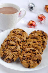 Chocolate cookies, Healthy Food Snack Concept. Baked Sweet Biscuits at the tea time, Copy space