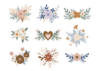 Hand drawn vector blooming bouquets in flat style. Vector floral arrangements for holidays, Valentines Day and Mothers Day. Romantic botanical illustration. Charming flowers, branches and leaves
